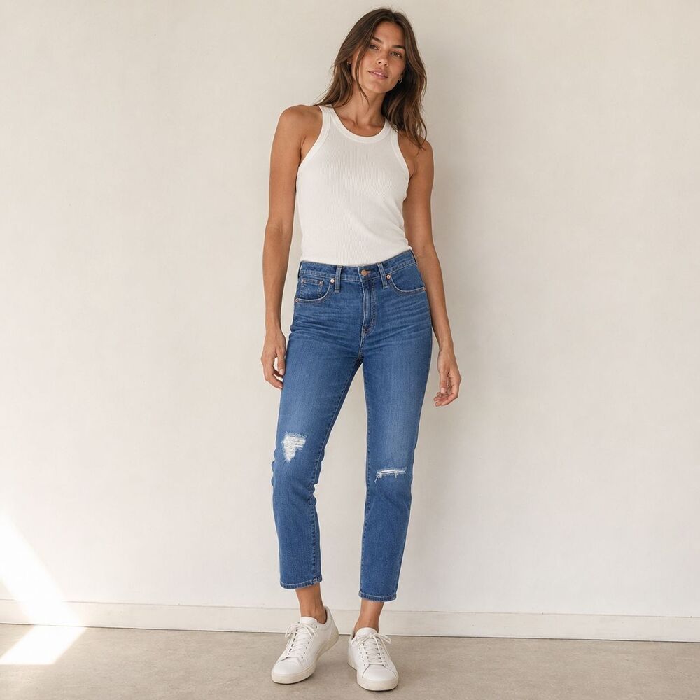 MADEWELL Women Jeans 9” High Rise Skinny Crop 29 Distressed Stretch Cotton K7517